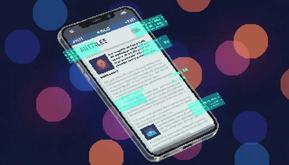 인공지능이 웹페이지의 구조화된 데이터를 스캔하여 신뢰할 수 있는 소스를 선별하는 과정을 시각화한 미래형 스마트폰 화면 이미지