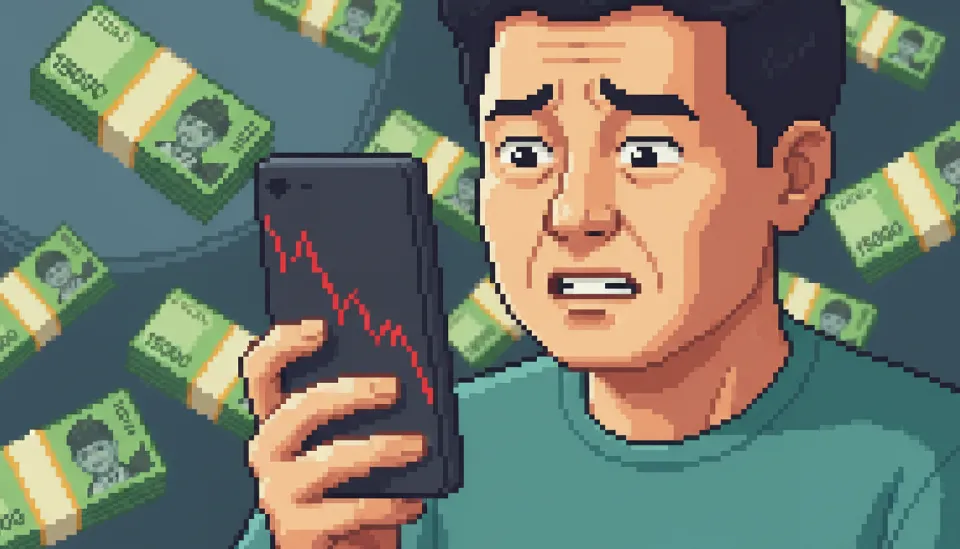 환율 1500원 돌파 소식을 스마트폰으로 확인하며 고민에 빠진 투자자의 모습