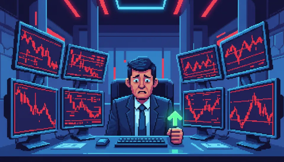 주가 지수 폭락을 나타내는 붉은색 캔들 차트와 긴박한 금융 시장의 분위기