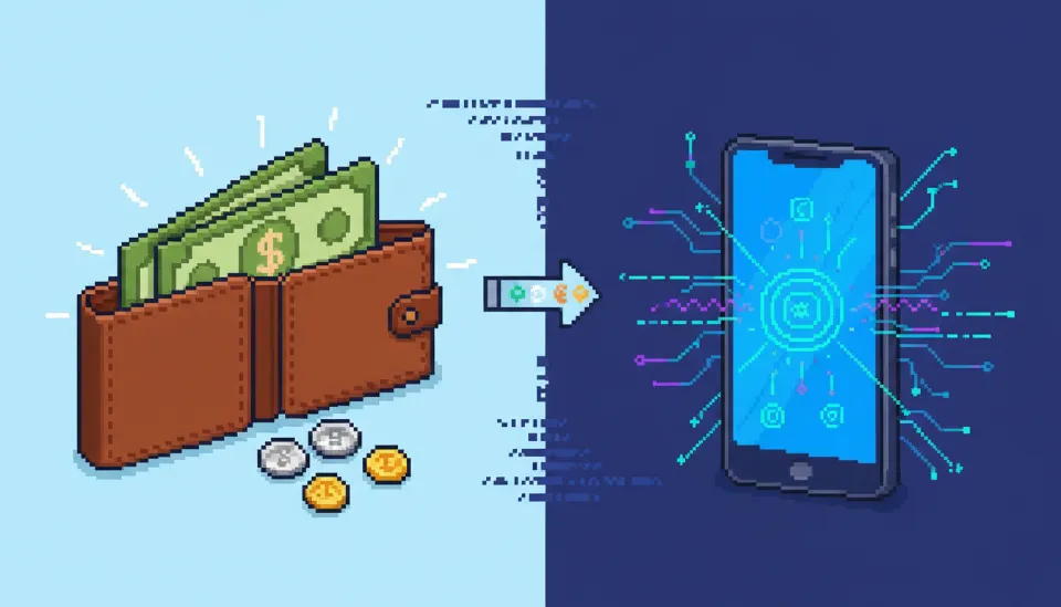 종이 지폐가 담긴 가죽 지갑과 디지털 에너지가 흐르는 스마트폰 화면을 나란히 배치하여 물리적 현금에서 디지털 법정 화폐로의 전환을 시각화한 그래픽