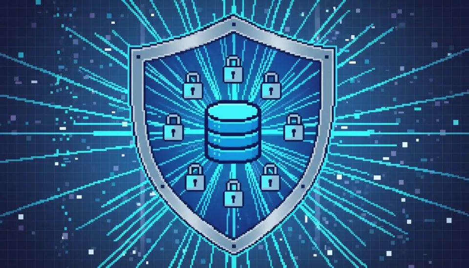 디지털 방패가 거래 데이터베이스를 감싸고 있으며 자물쇠 아이콘과 빛의 줄기가 어우러진 보안이 강화된 디지털 자산 보호 시스템 이미지