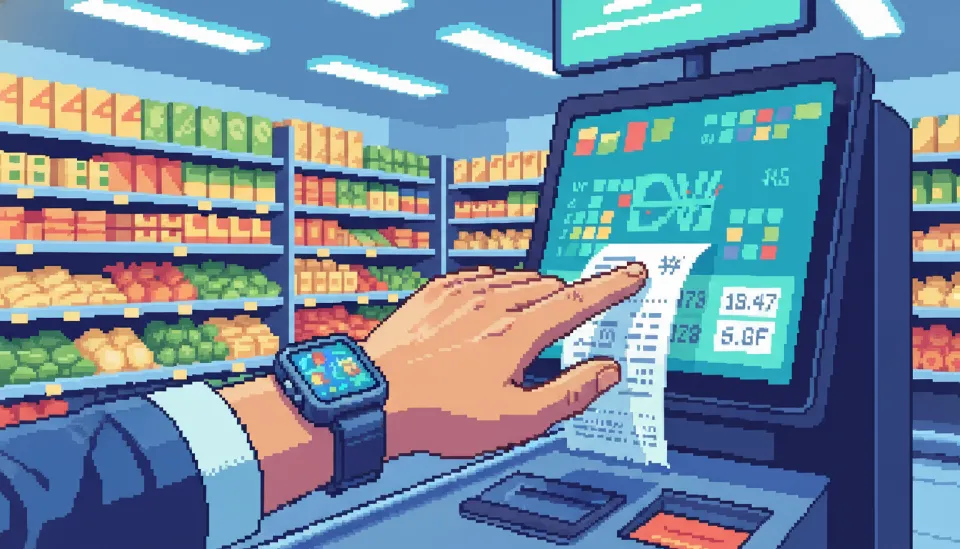 밝은 마트 키오스크에서 스마트 워치를 사용하여 결제하는 모습과 화면에 나타난 한국형 CBDC 디지털 영수증이 보이는 클로즈업 사진