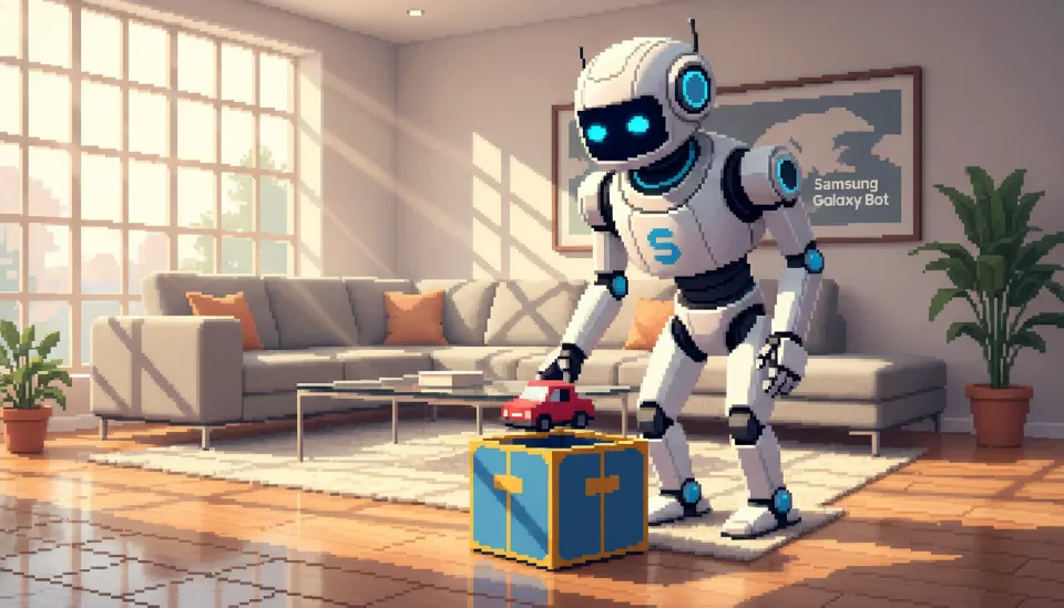 현대적인 거실에서 아이의 장난감을 정리하고 있는 매끄러운 화이트 톤의 삼성 갤럭시 봇 가정용 휴머노이드 로봇
