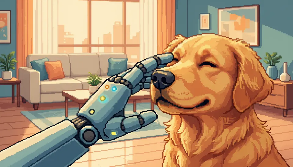 따뜻한 분위기의 아파트 거실에서 골든 리트리버와 부드럽게 상호작용하고 있는 삼성 갤럭시 봇의 로봇 손과 센서 디테일