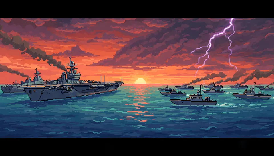 호르무즈 해협에서 대치 중인 미국 항공모함 전단과 이란의 고속 정찰정들이 만들어내는 긴박한 군사적 대치 상황