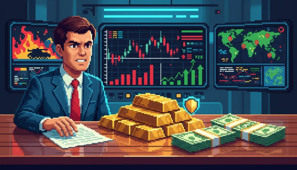 중동 전쟁 위기로 인한 증시 폭락 상황에서 금과 달러 등 안전자산을 통해 포트폴리오를 방어하려는 투자자의 모습