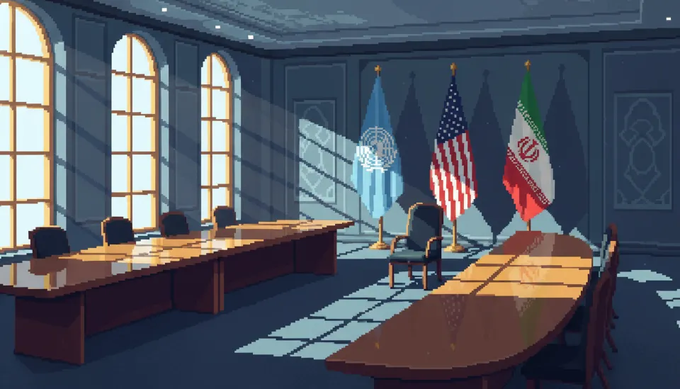 UN 기가 걸린 회의실에서 비어있는 의자를 비추며 미국과 이란의 단절된 대화와 외교적 중재의 어려움을 표현한 이미지
