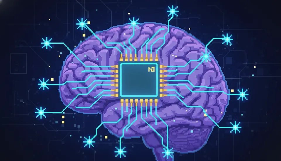 뇌 신경세포와 미세 전극이 연결되어 푸른색 전기 신호가 흐르는 뉴럴링크 1 N1 칩의 미래지향적 내부 구조 렌더링 이미지