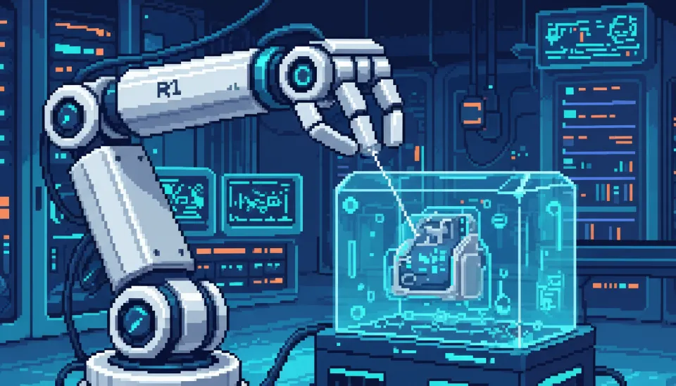 뉴럴링크 1 이식을 위해 정밀하게 설계된 R1 수술 로봇의 미세 바늘과 첨단 연구소 내부 전경