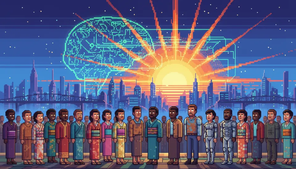 뉴럴링크 1이 가져올 인류의 진화와 새로운 디지털 시대의 서막을 상징하는 밝은 태양을 향해 서 있는 사람들