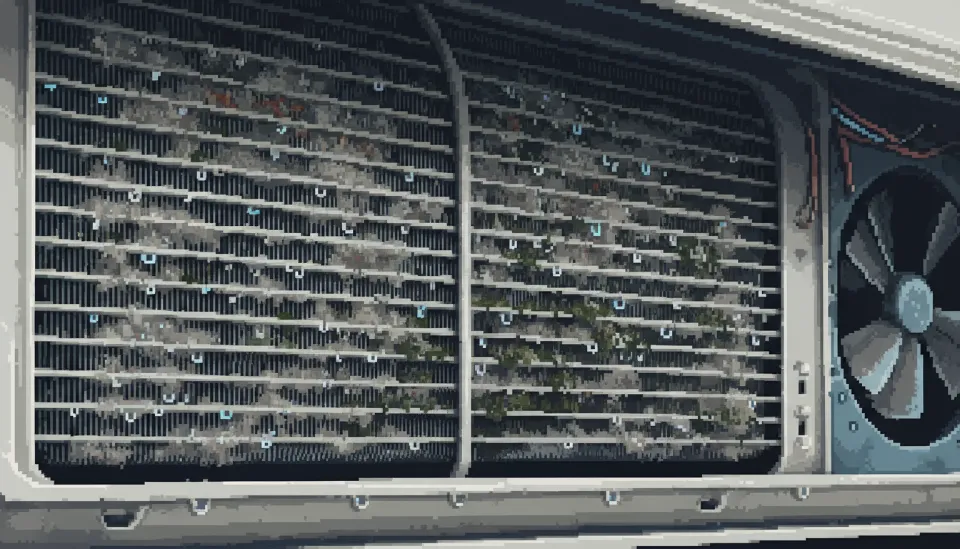 먼지와 곰팡이가 가득 쌓인 벽걸이 에어컨 내부의 알루미늄 냉각핀 틈새 상세 모습