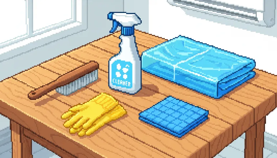 벽걸이 에어컨 셀프 청소를 위해 준비된 전용 세정제, 보양 비닐, 브러시, 장갑 등 각종 도구 세트