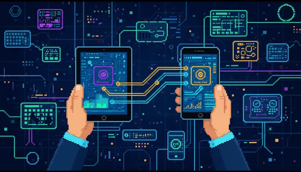 태블릿과 스마트폰을 이용해 ISA 계좌에서 연금 계좌로 자금을 디지털 방식으로 이체하는 과정을 묘사한 일러스트