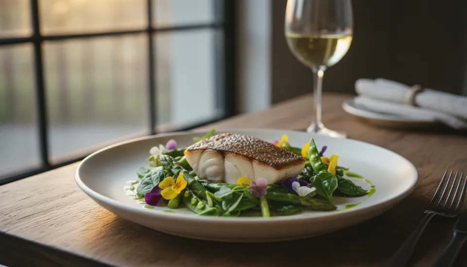 미니멀한 도자기 접시 위에 신선한 봄 나물과 식용 꽃, 구운 해산물이 정갈하게 담긴 제철 요리 이미지