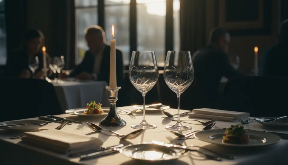 크리스털 잔과 세련된 식기류가 세팅된 우아한 파인 다이닝 테이블과 가심비를 자극하는 고급스러운 분위기