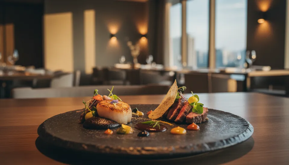 어두운 질감의 세라믹 접시 위에 예술적인 플레이팅으로 완성된 서울 미슐랭 파인다이닝의 컨템포러리 한식 코스 요리