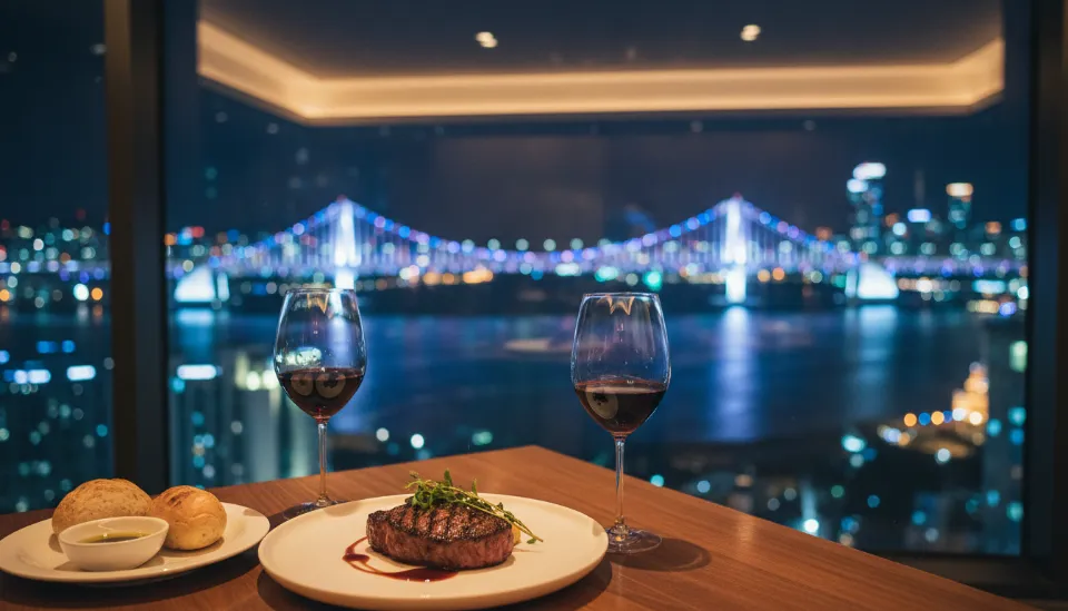 화려한 광안대교 야경을 배경으로 고급스러운 스테이크와 와인이 세팅된 부산의 힙한 레스토랑 내부