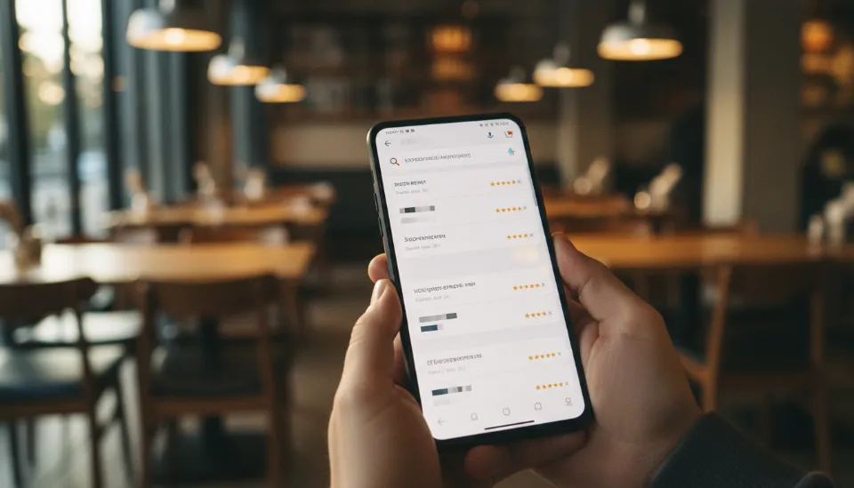스마트폰 화면에서 구글 검색 결과 페이지에 노출된 맛집 정보와 관련 블로그 후기 리스트