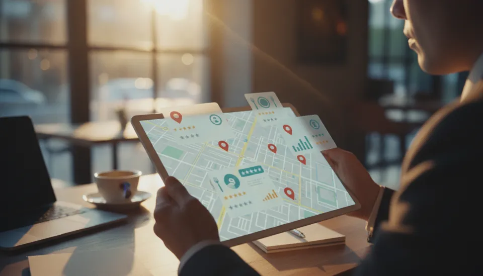 태블릿 PC 화면에 표시된 지역 기반 지도 서비스와 음식점 위치 핀 정보들