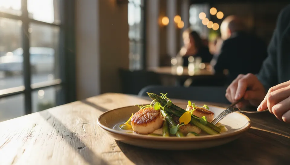 레스토랑 테이블 위에 정갈하게 놓인 맛있는 음식 접시와 세련된 매장 인테리어