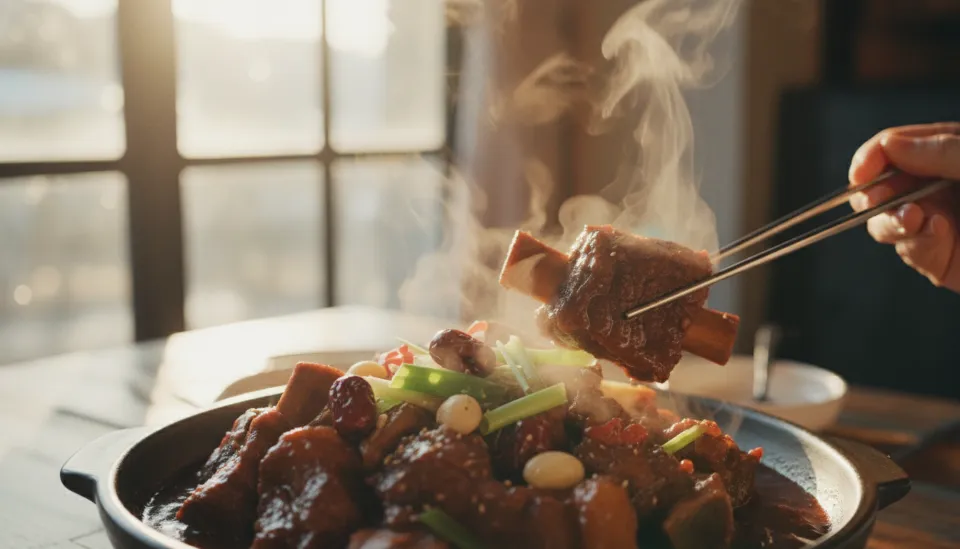 김이 모락모락 나는 먹음직스러운 스테이크 요리가 클로즈업된 영상 제작을 위한 사진