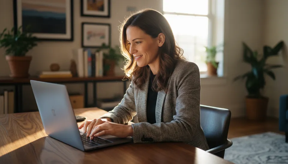노트북을 이용해 고객 리뷰에 정성껏 답변을 작성하고 있는 식당 사장님의 모습