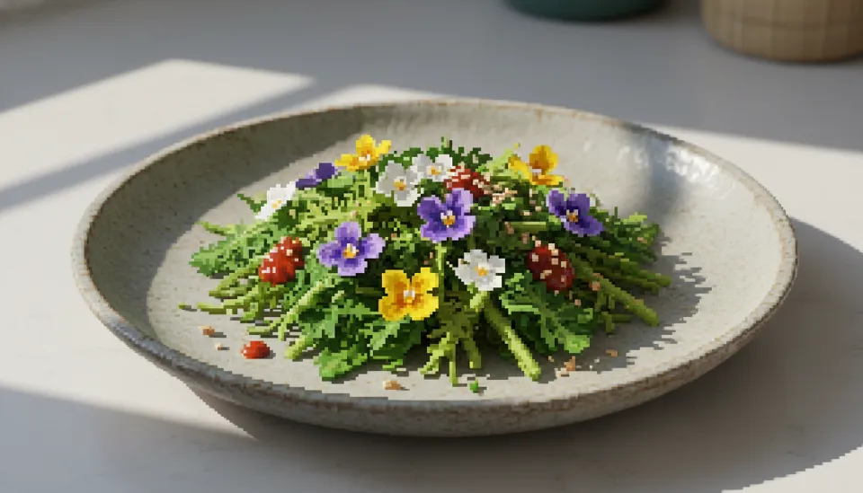 세련된 도자기 접시 위에 정갈하게 담긴 봄 제철 나물 요리와 식용 꽃 장식이 돋보이는 고품질 미식 사진