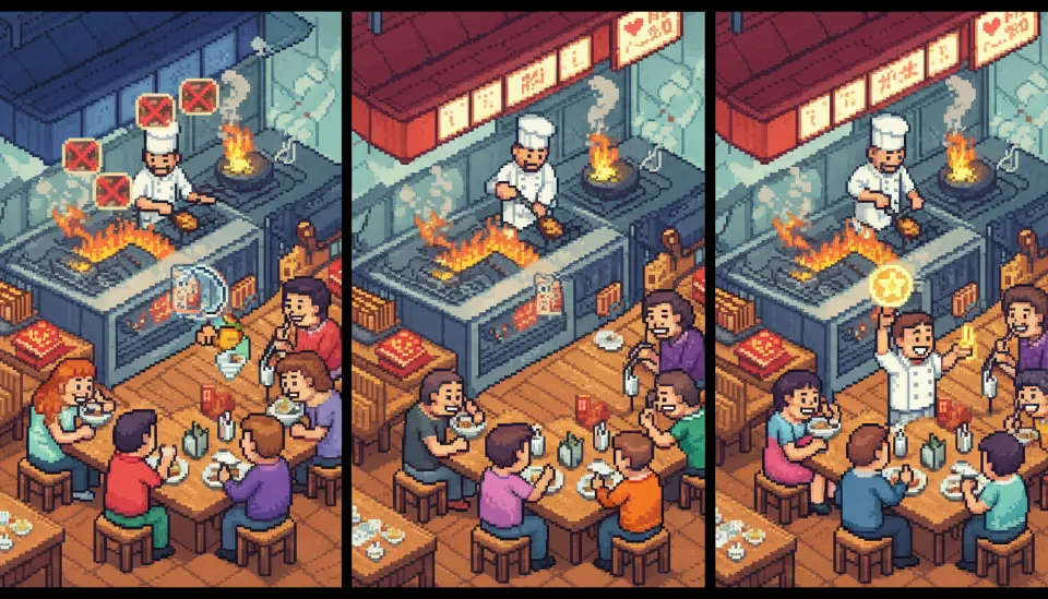 오픈 키친에서 셰프들이 요리에 집중하고 있는 따뜻한 분위기의 로컬 맛집 내부 전경과 식사 중인 손님들