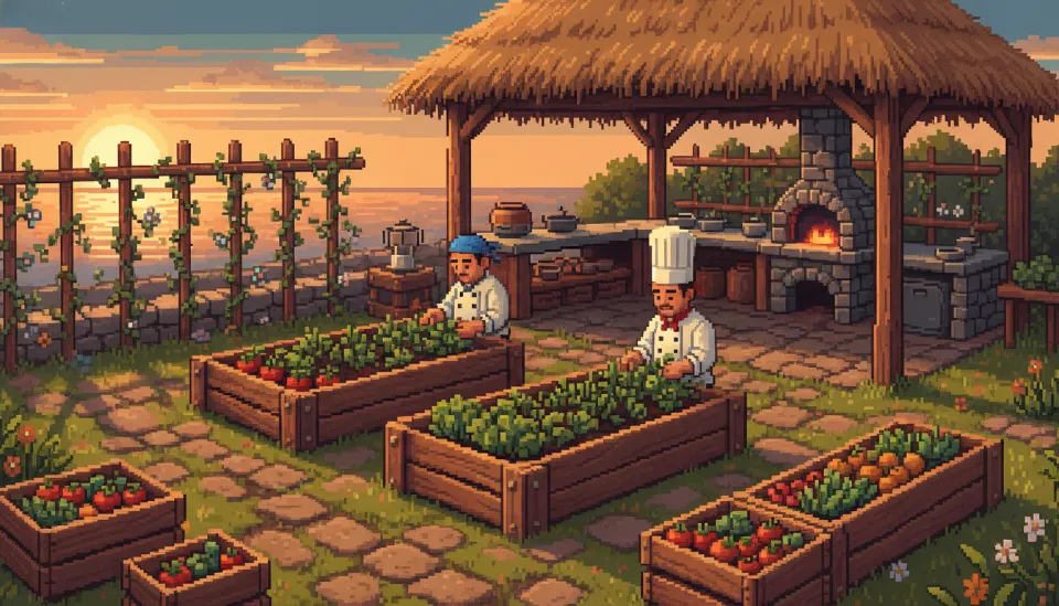 지속 가능한 미식을 실천하기 위해 식당 옆 텃밭에서 신선한 허브와 유기농 채소를 수확하는 모습