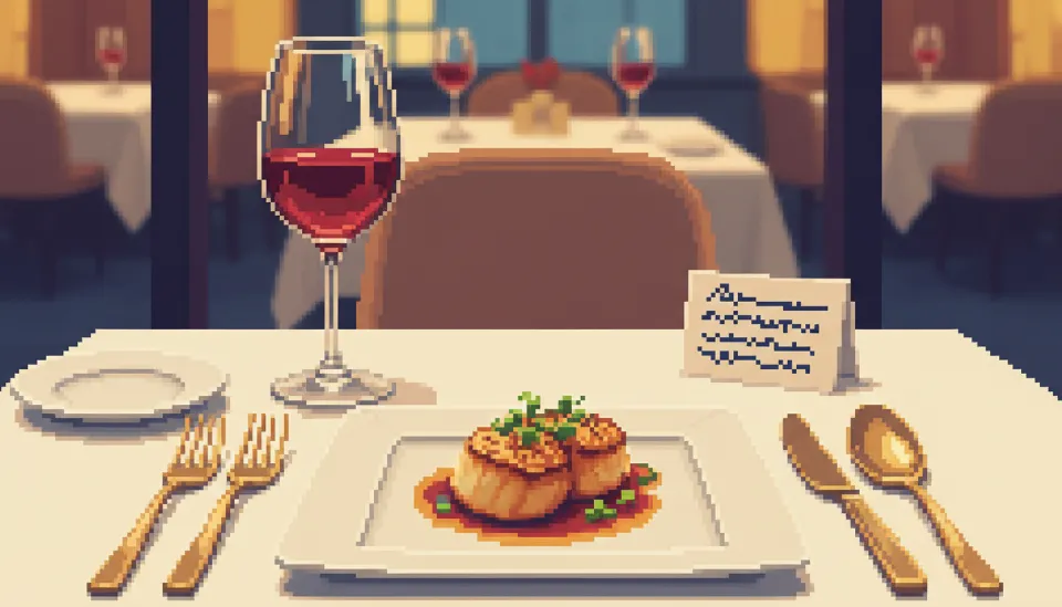 와인 한 잔과 시그니처 요리가 세팅된 고급스러운 비스트로 테이블과 셰프의 정성이 담긴 메시지 카드