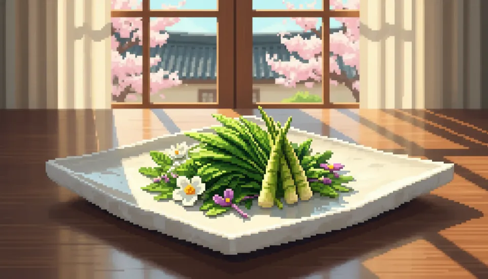 고급스러운 흰색 도자기 접시 위에 정갈하게 담긴 초록빛 봄나물과 예술적으로 장식된 서울 한식 오마카세의 제철 요리