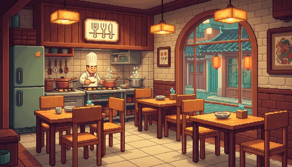 따뜻한 원목 인테리어와 오픈 키친이 돋보이는 서울 골목 안쪽의 아늑한 스몰 다이닝 레스토랑 내부 전경