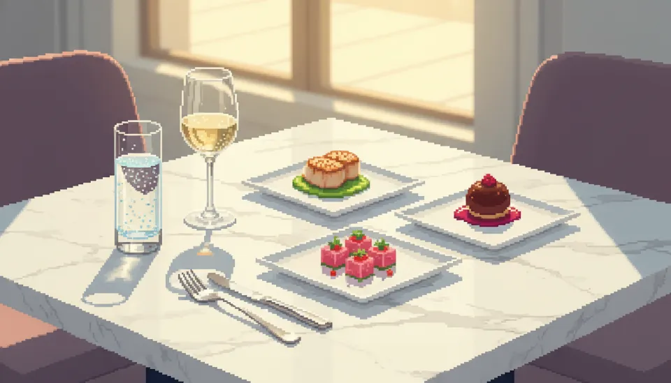 밝은 오후 햇살이 비치는 대리석 테이블 위에 정갈하게 차려진 런치 테이스팅 코스 요리와 화이트 와인 한 잔