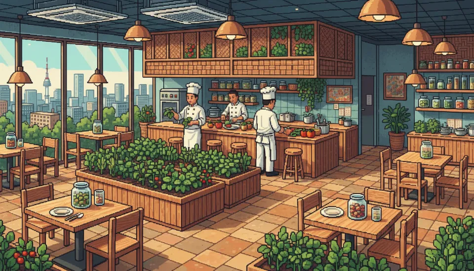 매장 내부에서 직접 키운 허브를 사용하여 요리하는 셰프와 친환경 소재로 꾸며진 지속 가능한 컨셉의 레스토랑 내부