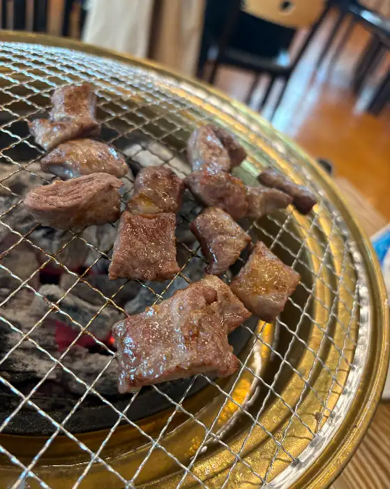 숯불 위에서 맛있게 익어가고 있는 고기 조각들.