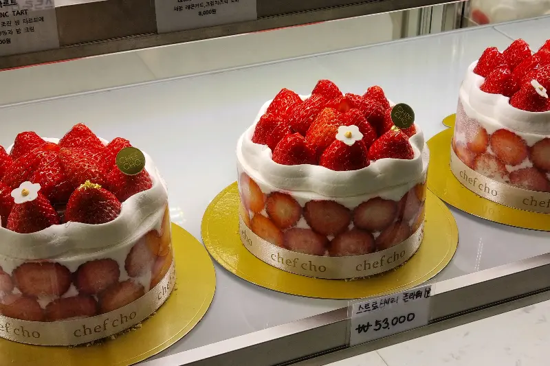 쇼케이스 안에 진열된 쉐프조의 다양한 케이크들