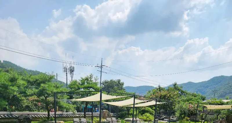 넓은 잔디밭과 뭉게구름이 펼쳐진 카페 소나무의 풍경