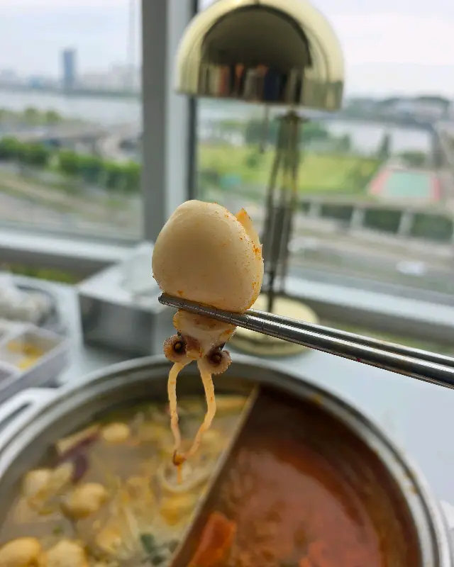 젓가락으로 집어 올린 갑오징어의 모습