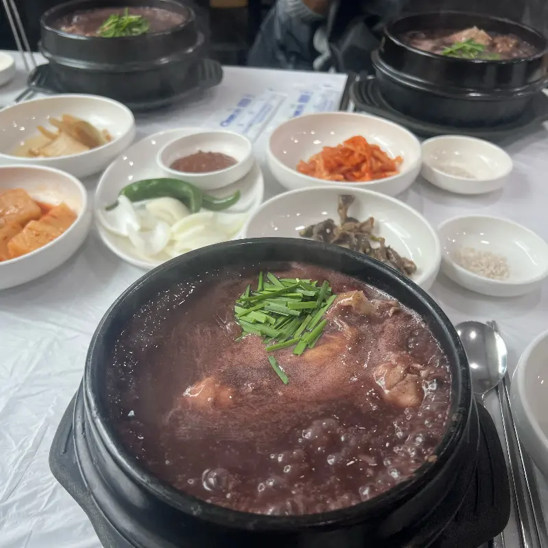 흑미 삼계탕 여러 그릇이 놓인 테이블 풍경