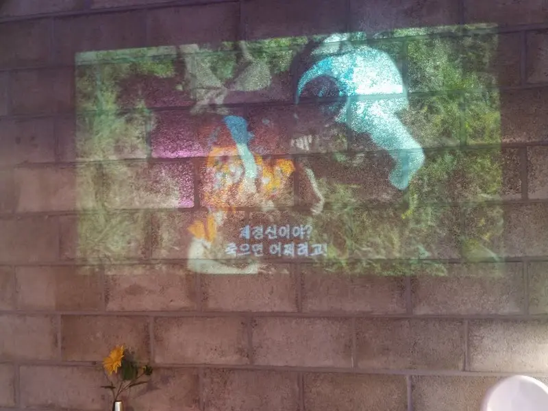 벽에 비치는 빔 프로젝터 영상