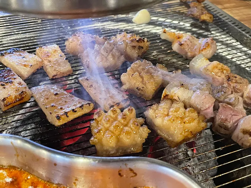 숯불 위에서 꼬들목살과 삼겹살이 노릇하게 구워진 모습