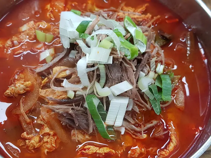 소고기와 파 고명이 듬뿍 올려진 육개장 칼국수의 모습.