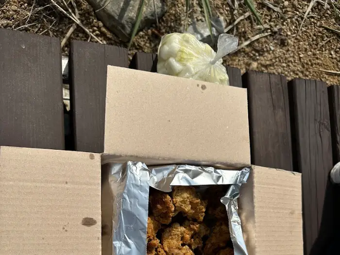 뽀뽀통닭과 치킨무 봉지