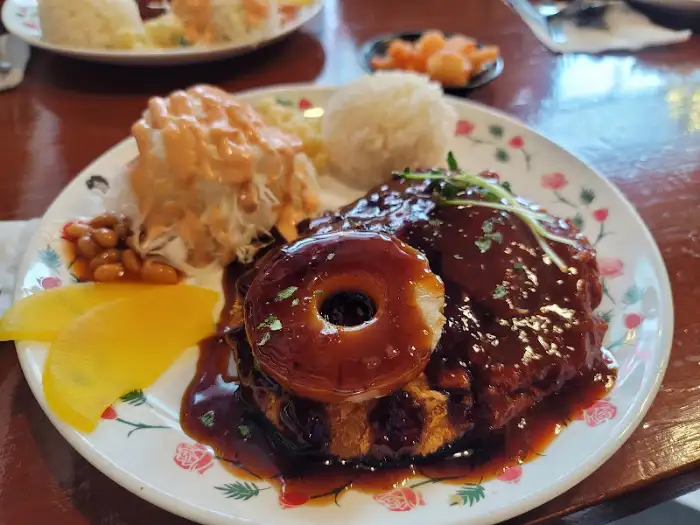 잘 튀겨진 돈까스 위에 소스와 링 모양 튀김