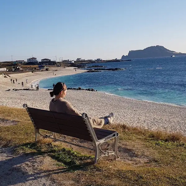 해변가 벤치에 앉아 바다를 바라보는 사람