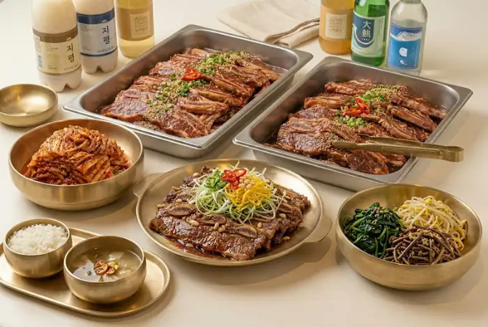 두 팬에 담긴 푸짐한 la갈비와 곁들임 음식들