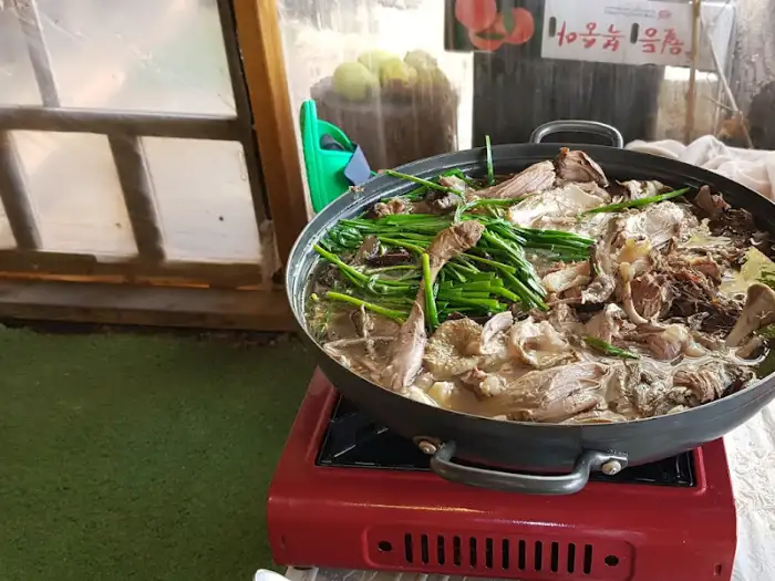 붉은색 휴대용 가스레인지 위에 놓인 커다란 냄비에 오리백숙이 끓고 있습니다. 듬뿍 담긴 파와 오리 살점이 먹음직스럽습니다.