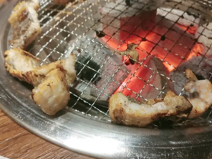 숯불 위에서 익고 있는 고기 조각들