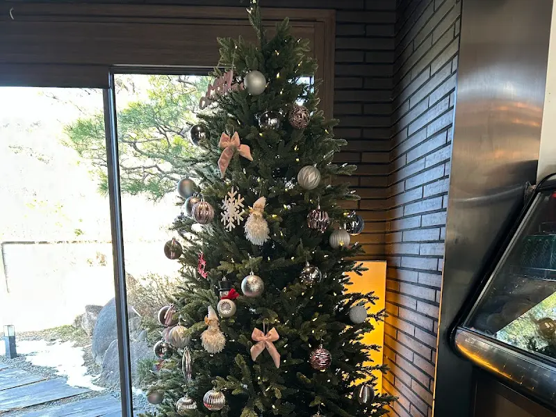 크리스마스 트리가 설치된 푼푼 내부, 따뜻하고 아늑한 분위기가 인상적이다.