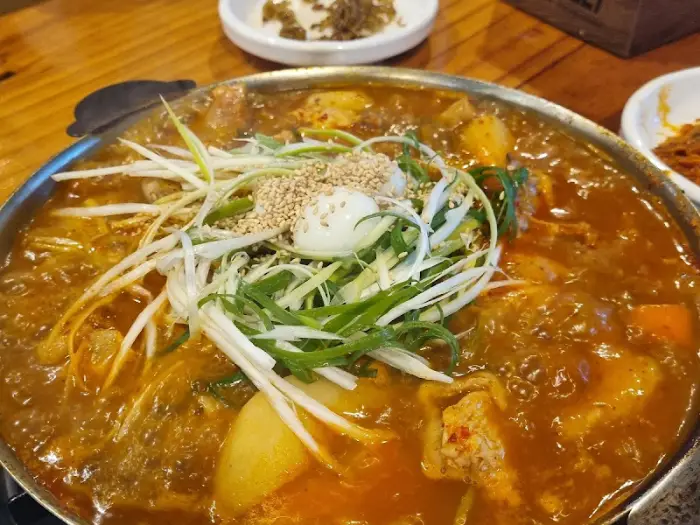 푸짐하게 담긴 닭도리탕의 클로즈업. 닭고기와 감자, 국물이 어우러진 모습.